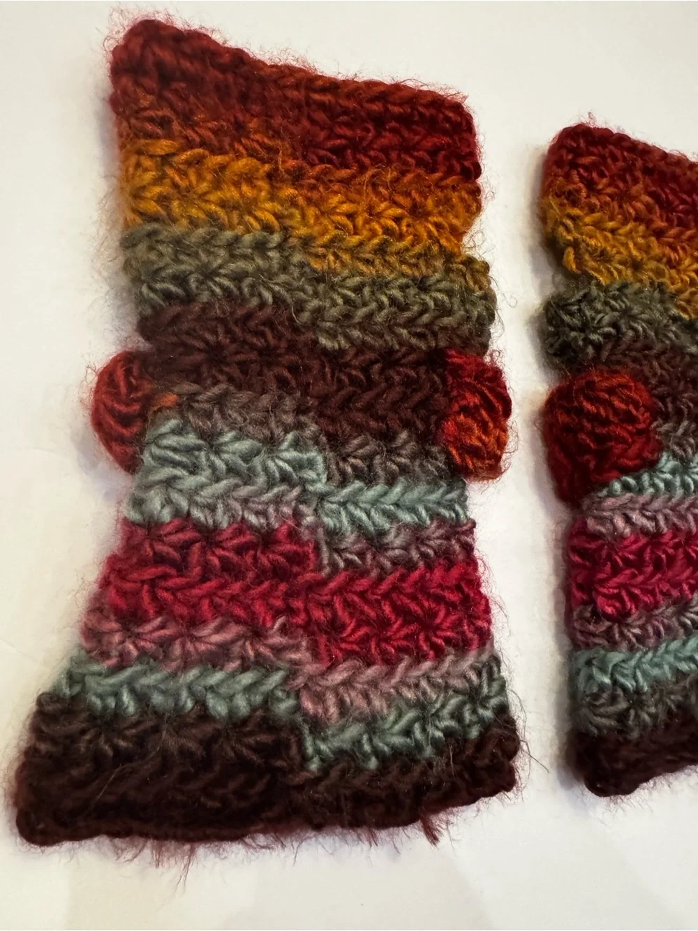 Handmade Handwarmers Crochet Striped Burgundy Blue Tan Mittens Womens